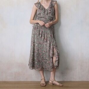 NWT LC Lauren Conrad Floral Asymmetrical Ruffle Maxi Dress Olive Size Medium